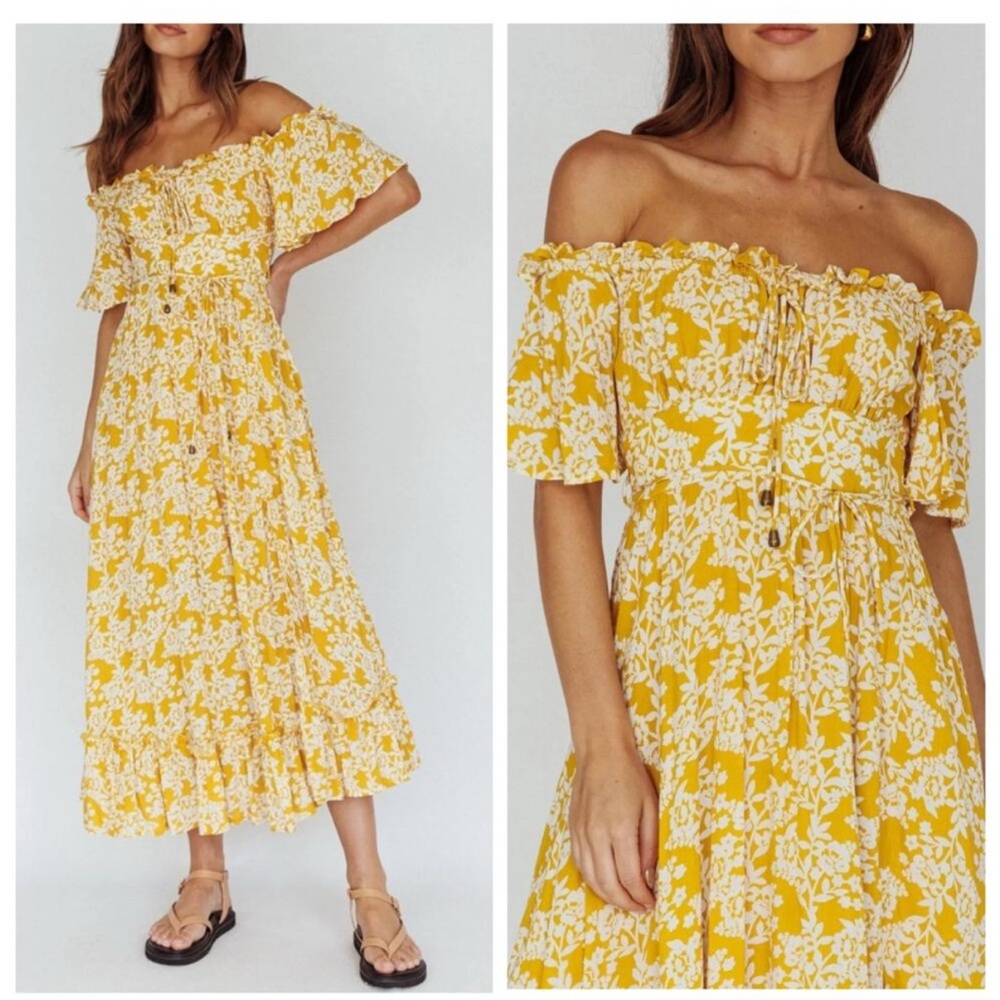 Indikah Floral Print Off Shoulder Layered Midi Dress